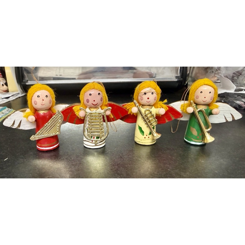 Vintage 4-Piece Hand-Painted Wood Angel Musicians Christmas Tree Ornaments 1975